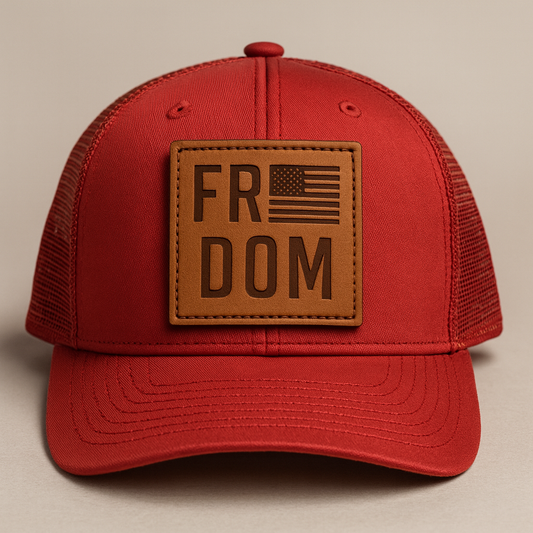 RED Freedom Hat — Leather Patch, Mesh Snapback Hat