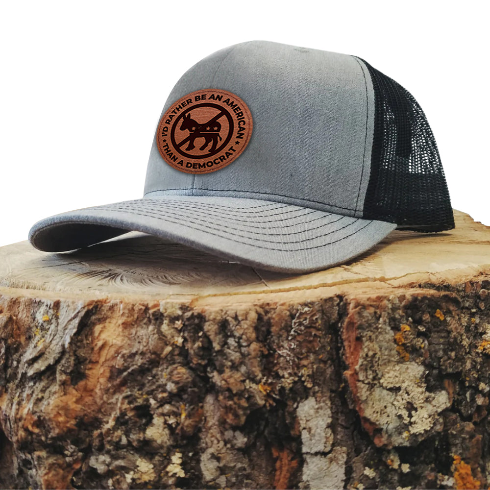 I'd Rather Be an American than a Democrat Gray Hat with Tan Circle Patch, Trump 2024