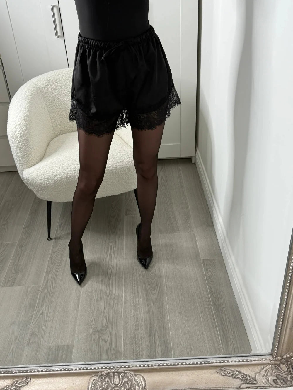 Black Lace Trim Satin Shorts