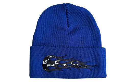 Embroidered Flame Patch Beanie "Blue / Black / White" MB42