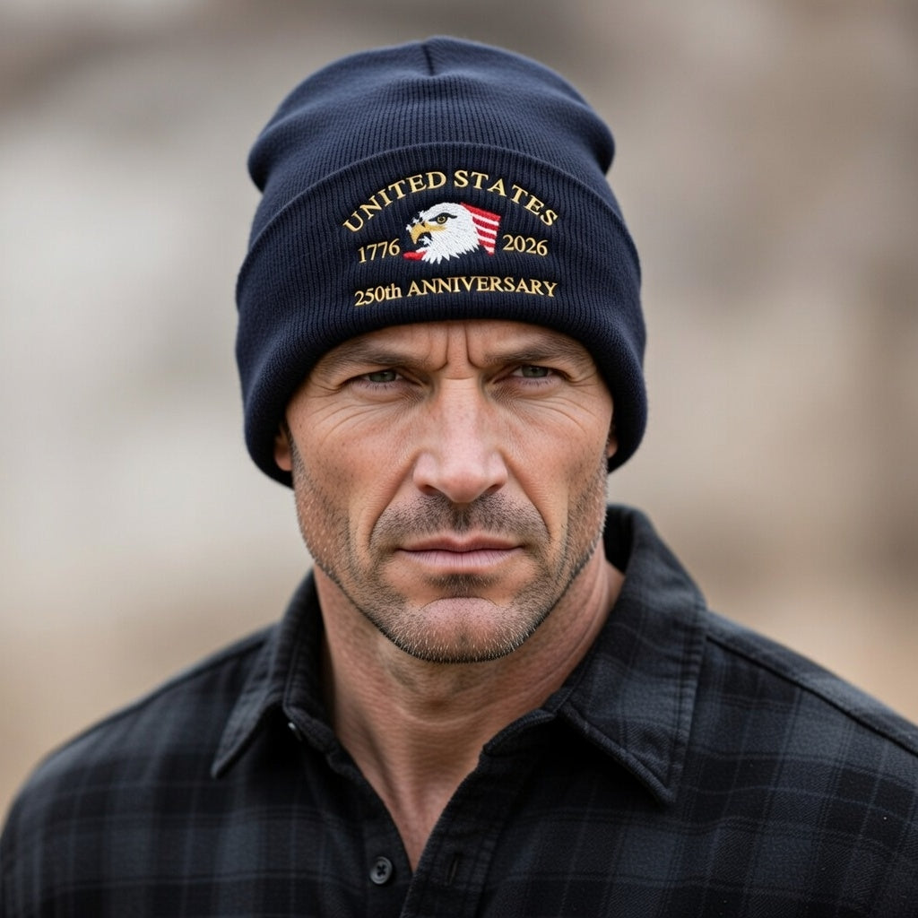 USA 250th Anniversary Beanie - 1776-2026 Patriotic Eagle Embroidered Knit Hat - America Semiquincentennial Cuffed Beanie Navy Blue