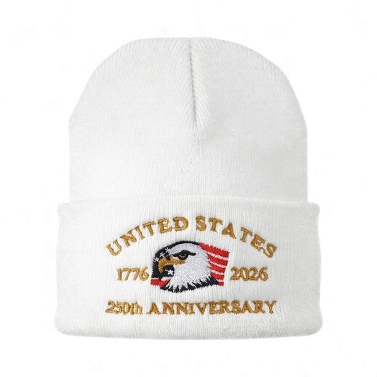 USA 250th Anniversary Beanie - 1776-2026 Patriotic Eagle Embroidered Knit Hat - America Semiquincentennial Cuffed Beanie White