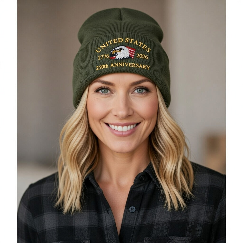 USA 250th Anniversary Beanie - 1776-2026 Patriotic Eagle Embroidered Knit Hat - America Semiquincentennial Cuffed Beanie Army Green