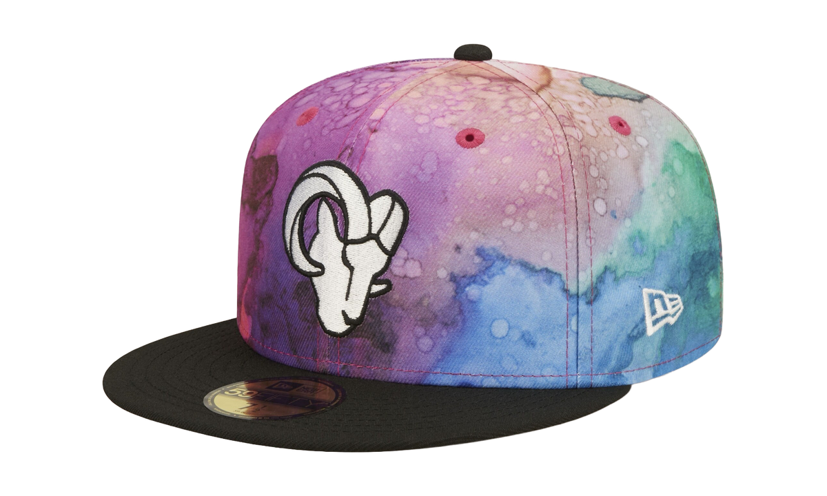 59FIFTY Los Angeles Rams Crucial Catch Fitted Hat "Multicolor Watercolor Design Crown / Black Visor" NE839