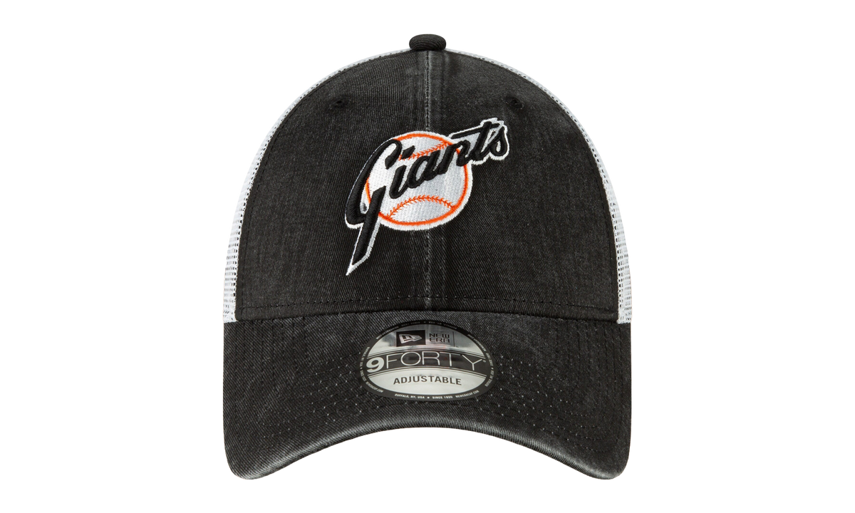 9FORTY San Francisco Giants 1973 Coop Trucker Snapback Hat "Black Denim and White / Black - Brim" NE716